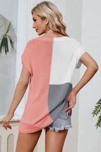 Color Block V-Neck Short Sleeve Knit Top