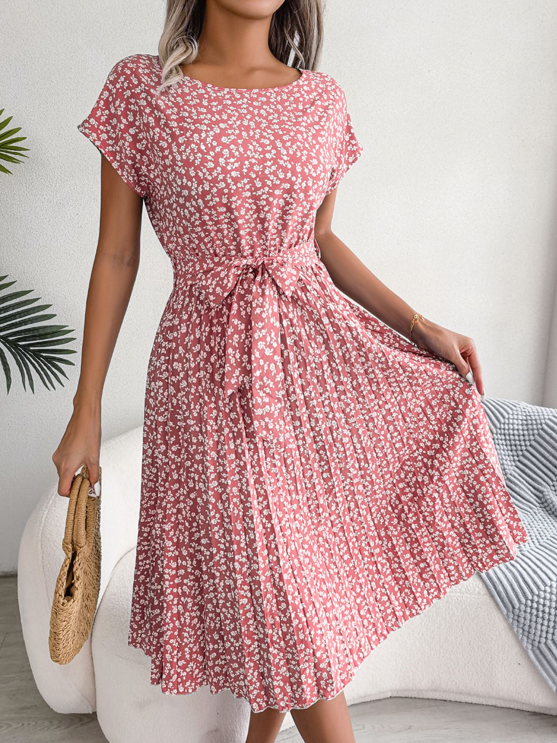 Ditsy Floral Pleated Belted Dress