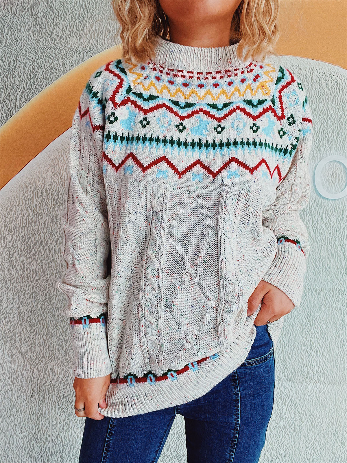 Cable-Knit Mock Neck Long Sleeve Sweater