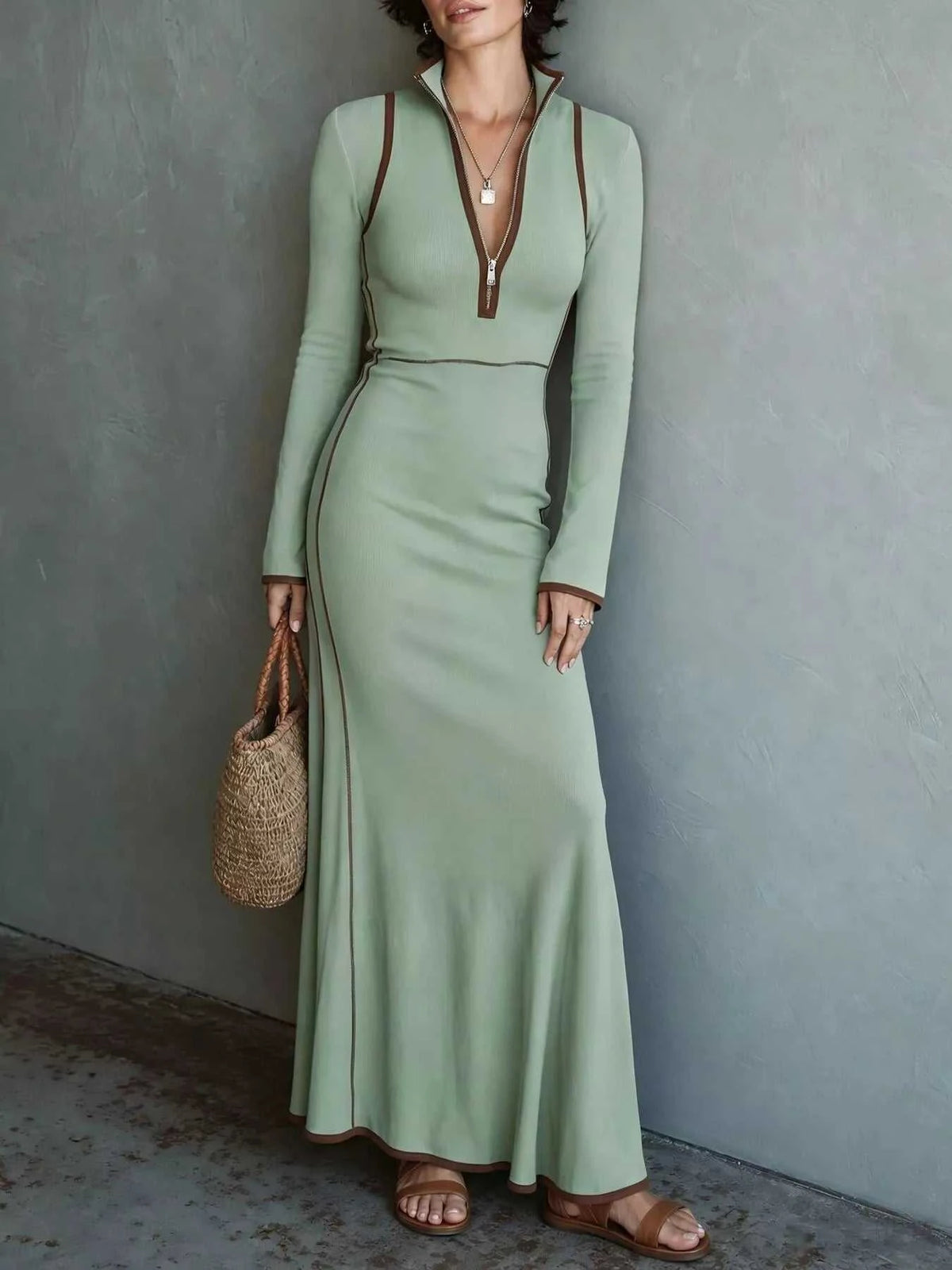 Full Size Contrast Trim Zip-Up Long Sleeve Knit Maxi Dress Plus Size 101002329716993 50 Affordable Fashion Under $100 Jerry's Apparel 