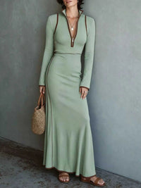 Full Size Contrast Trim Zip-Up Long Sleeve Knit Maxi Dress Plus Size 101002329716993 50 Affordable Fashion Under $100 Jerry's Apparel 
