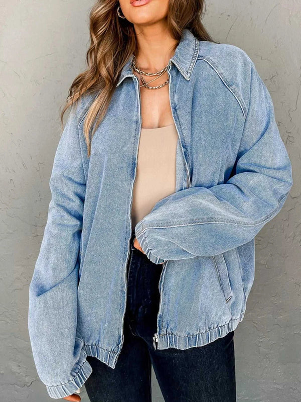 Elastic Edge Collared Zip Up Denim Jacket With Pocket 100100871389623 83 Affordable Fashion Under $100 Jerry's Apparel 