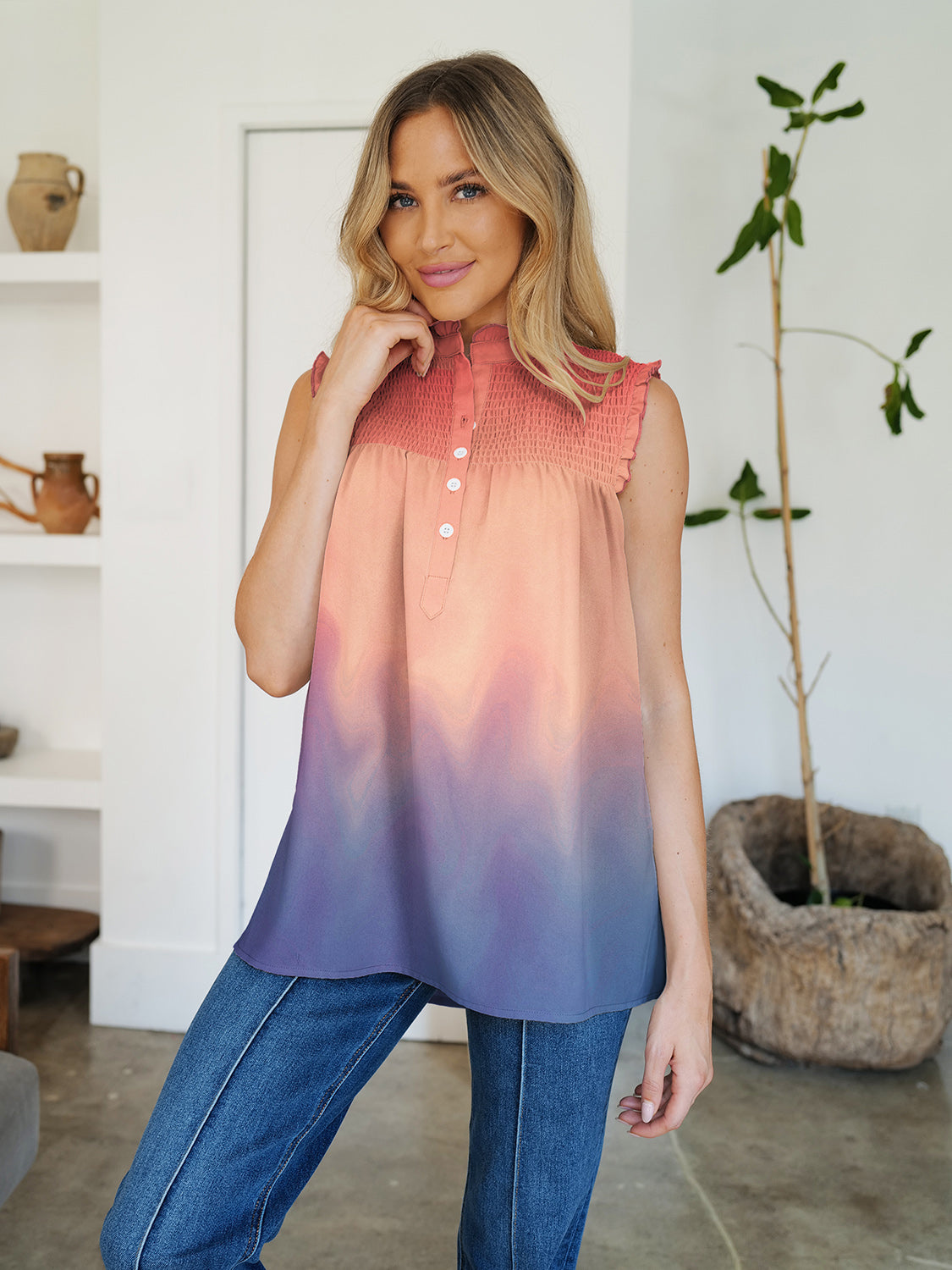 FAM-FAM Frill Printed Mock Neck Top