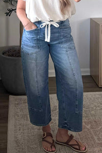 Solid Patchwork Grommet Tie Waist Loose Ankle-Length Jeans 101003318738055 74 Seasonal Fashion Collections Jerry's Apparel 