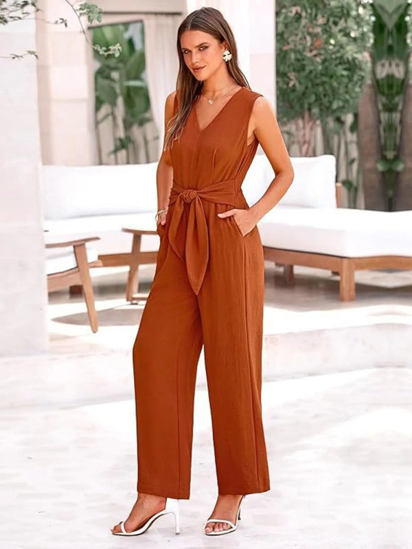 V-Neck Sleeveless Wide-Leg Jumpsuit with Waist Tie