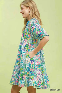 Umgee Mix Botanical Print Puff Sleeve Tiered Dress 100100382521244 62 Affordable Fashion Under $100 Jerry's Apparel 