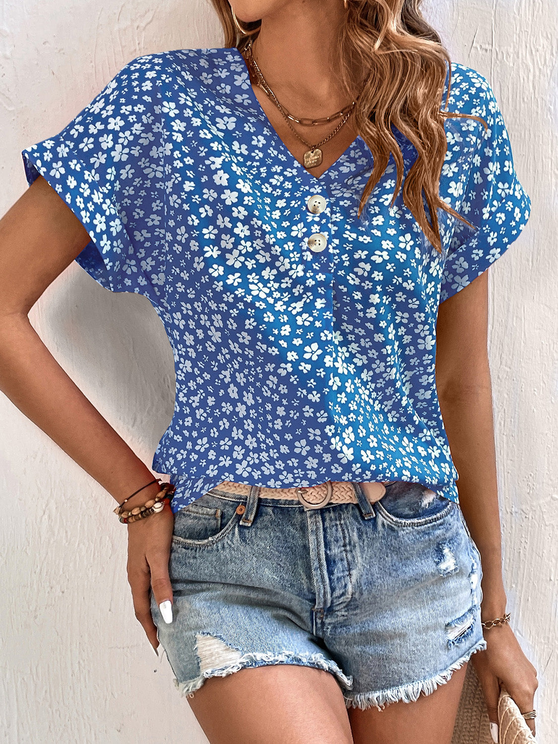 Printed V-Neck Short Sleeve Blouse