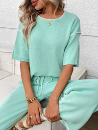 Round Neck Half Sleeve Top and Pants Set 100100458964546 67 Jerry's Apparel 