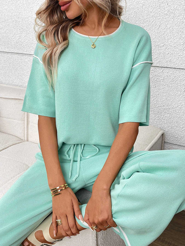 Round Neck Half Sleeve Top and Pants Set 100100458964546 67 Jerry's Apparel 