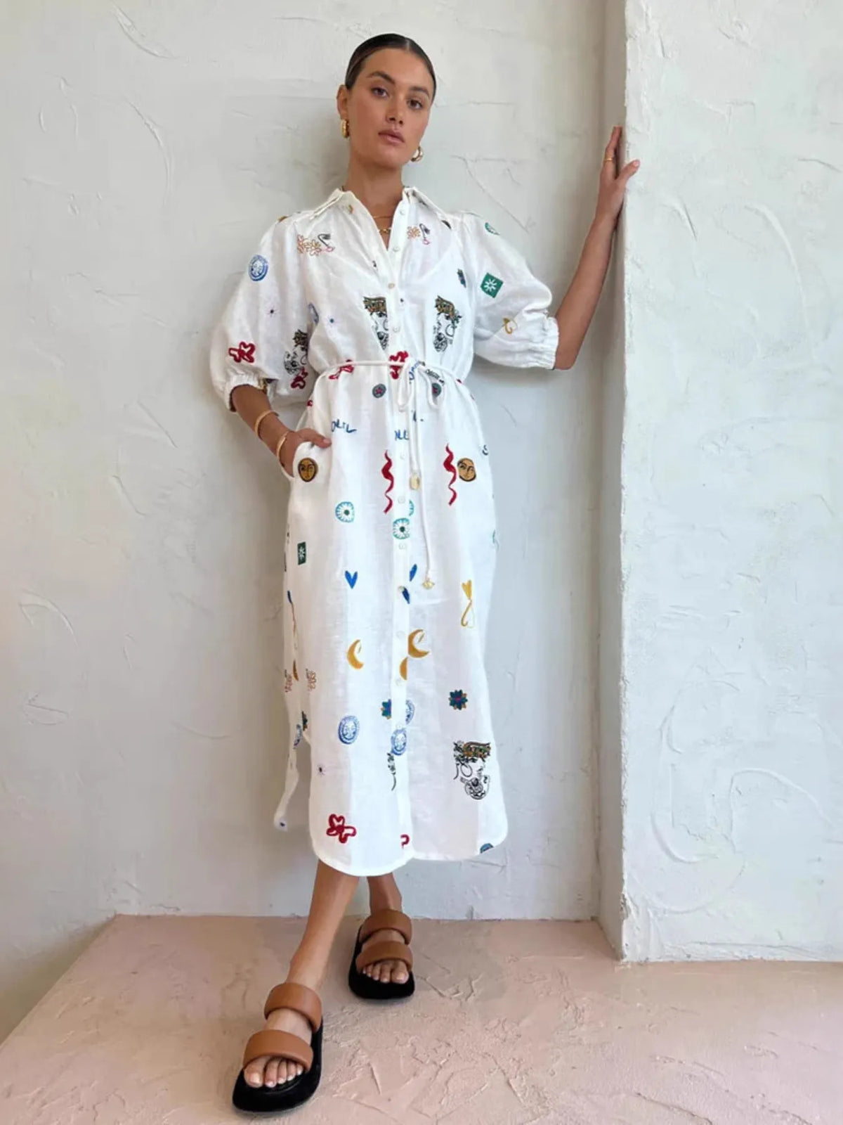 Printed Button Up Midi Shirt Dress