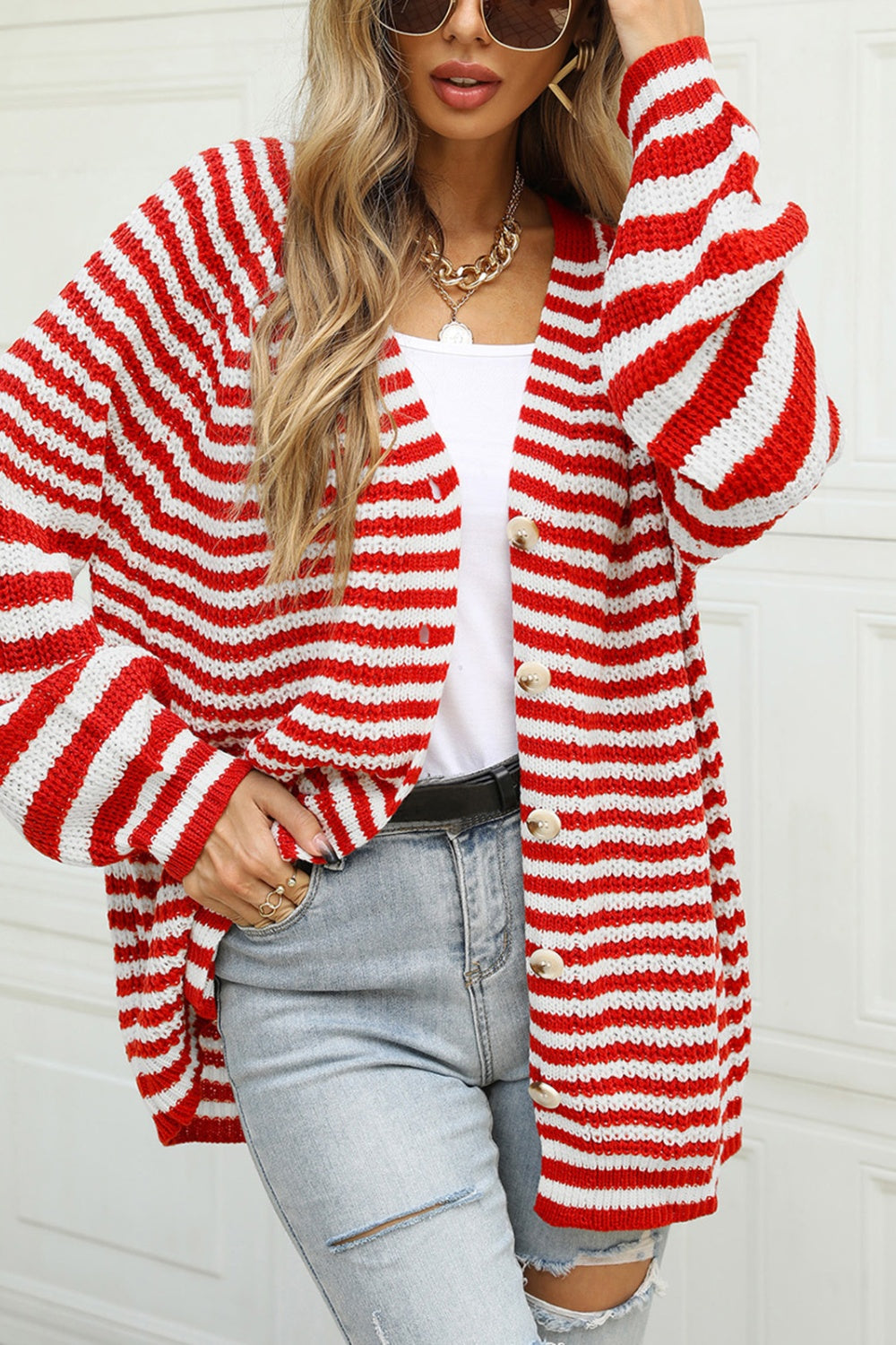 Angel Wings Striped Button Up Long Sleeve Cardigan