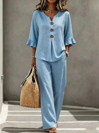 Full Size Decor Button Ruffled Top and Wide-Leg Pants Set Plus Size 100100119714864 38 Affordable Fashion Under $100 Jerry's Apparel 
