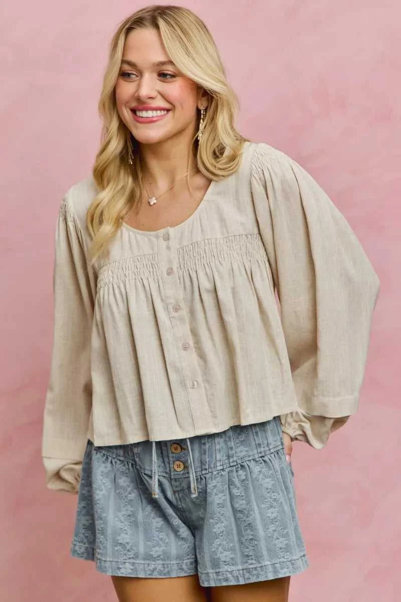 SO ME Linen Blend Woven Long Sleeve With Smocking Top 100100082081653 47 Gifts for Her Jerry's Apparel 