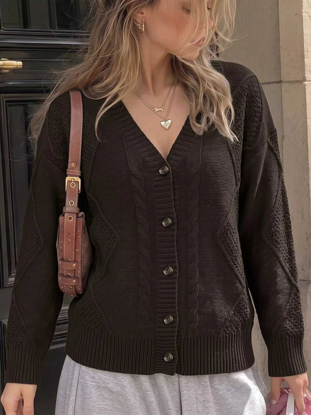 V-Neck Cable Knit Button-Down Cardigan 101002691109172 60 Women's Sweaters and Knitwear Jerry's Apparel 