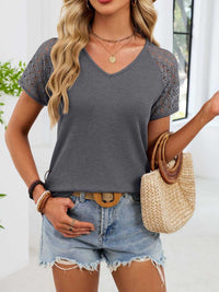 Lace Sleeve V-Neck Waffle Knit T-Shirt 100100150990299 25 Affordable Fashion Under $100 Jerry's Apparel 