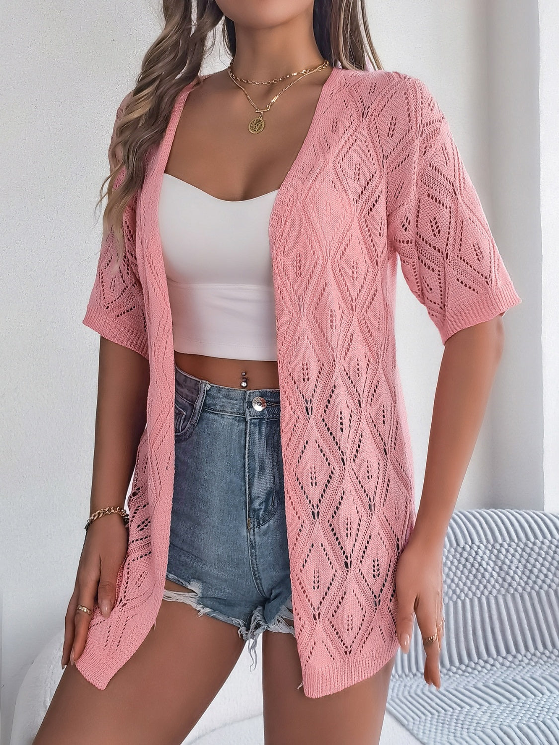 Openwork Open Front Half Sleeve Cardigan