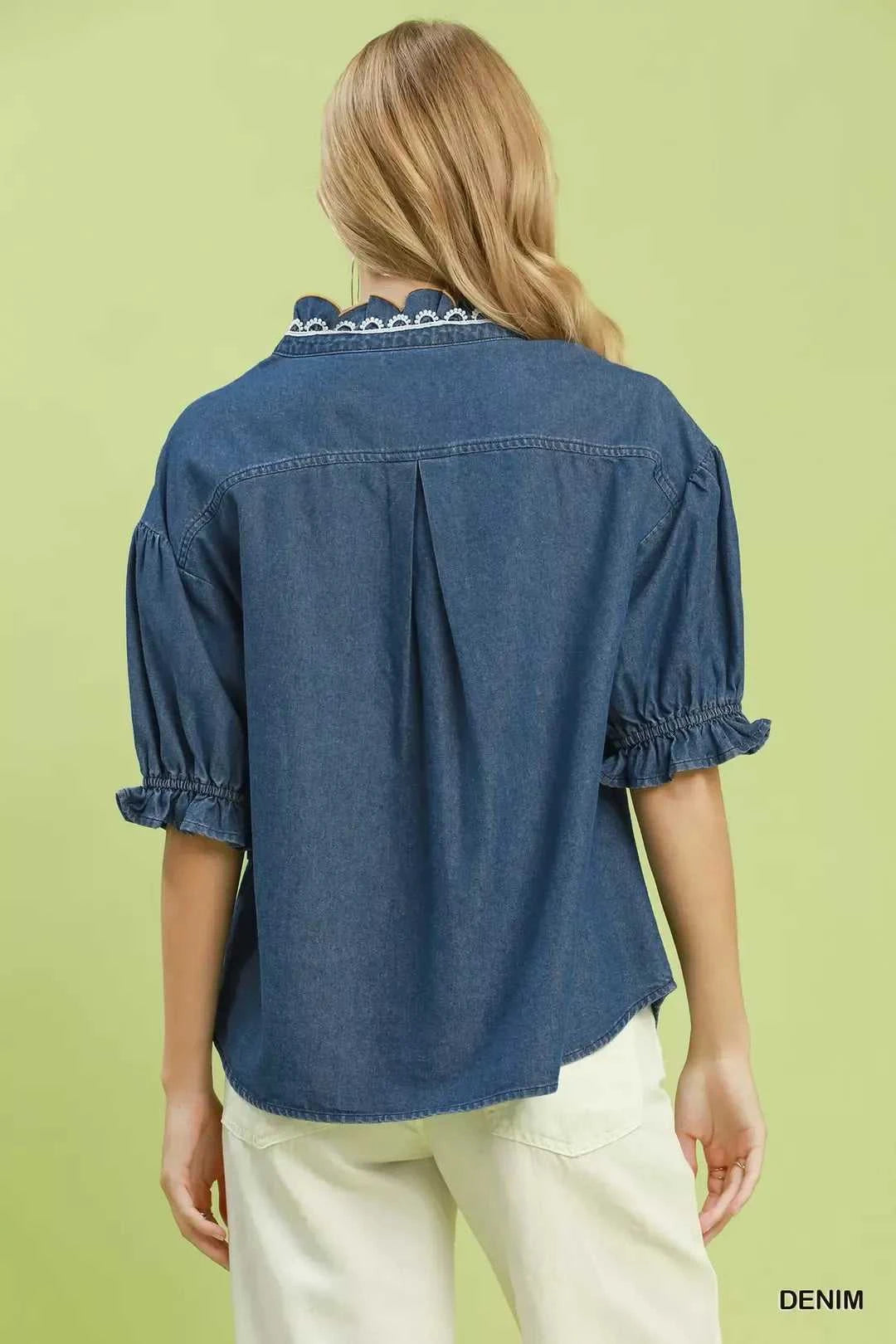Umgee Chambray Scalloped Trim Button Front Blouse 100100023281071 57 Affordable Fashion Under $100 Jerry's Apparel 