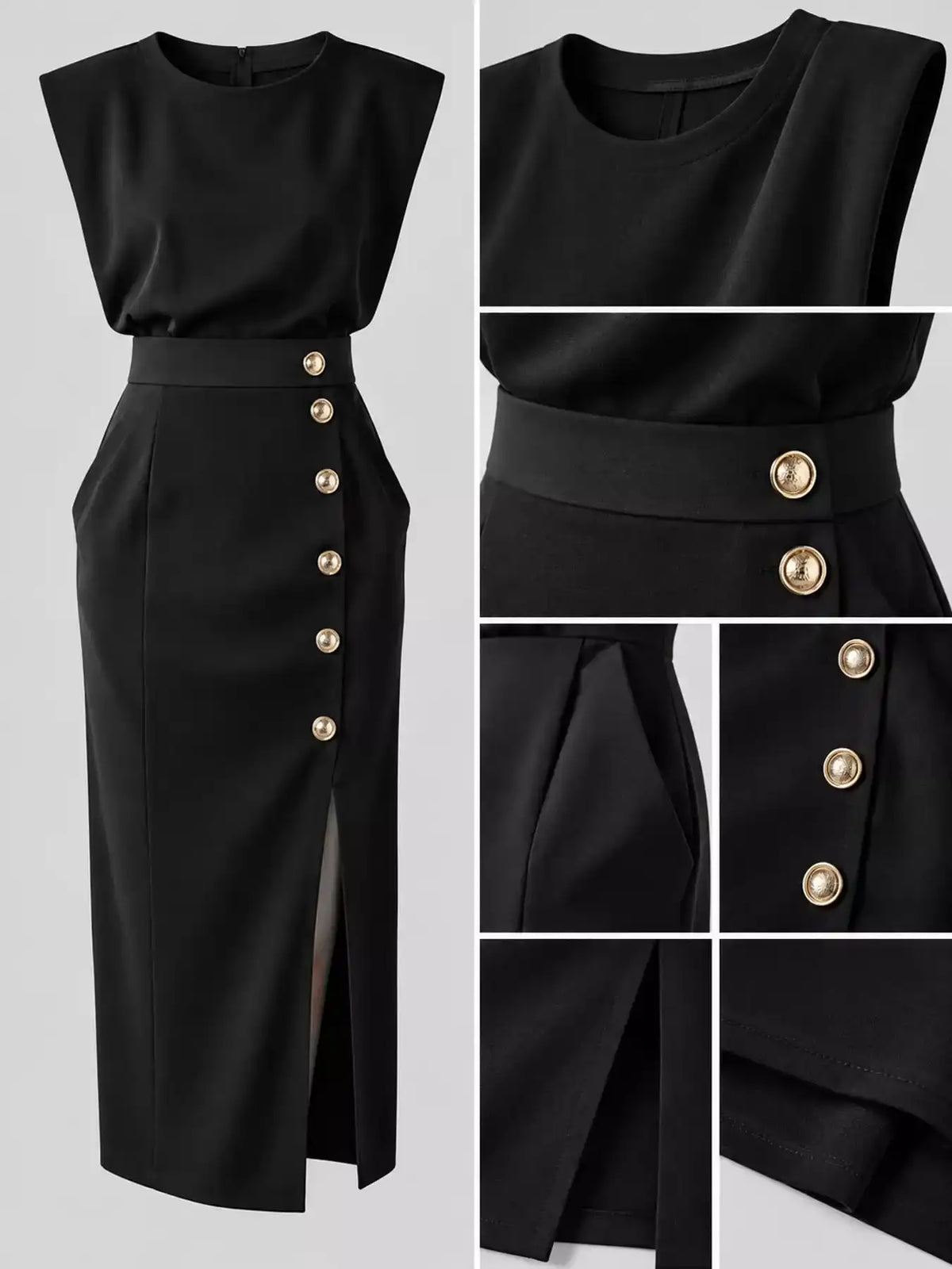 Sleeveless Midi Dress with Gold Button Detail and Side Slit 101001590890082 42 Affordable Fashion Under $100 Jerry's Apparel 