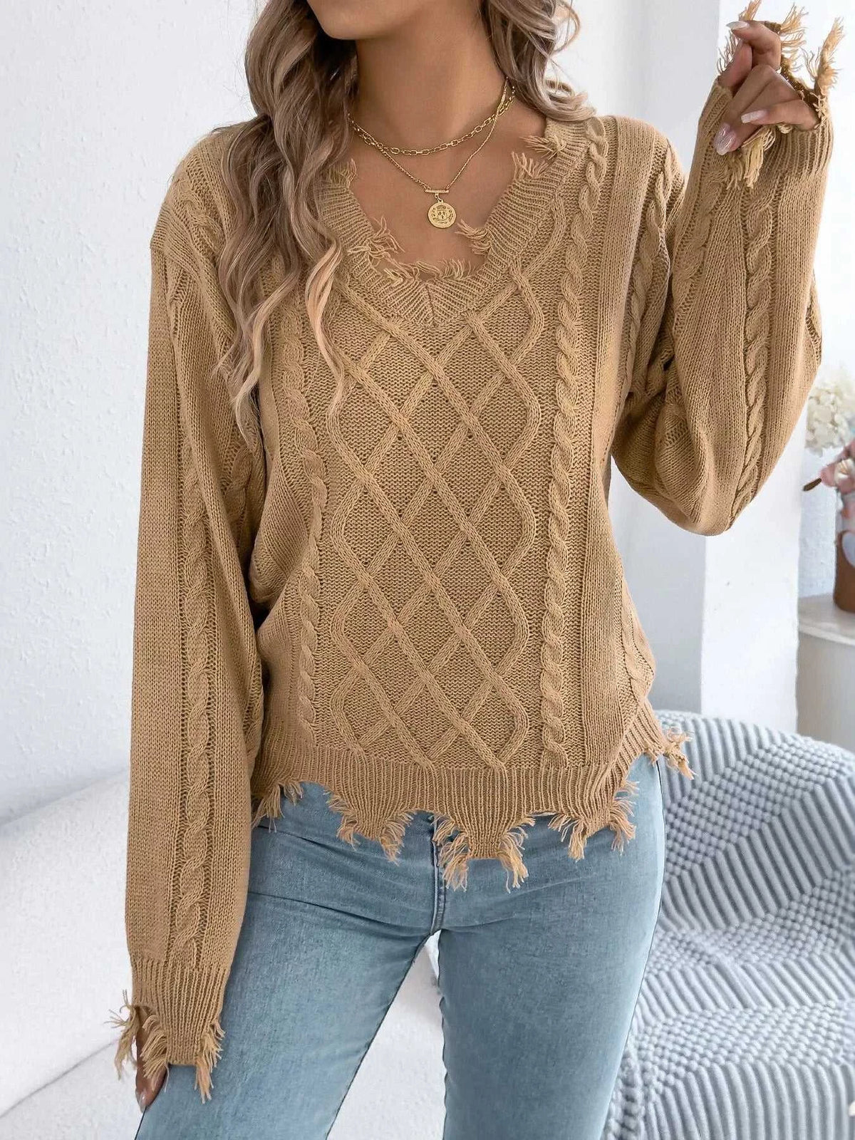 V-Neck Distressed Hem Cable Knit Sweater 101002745879602 36 Affordable Fashion Under $100 Jerry's Apparel 