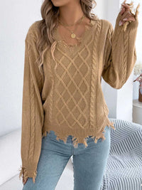 V-Neck Distressed Hem Cable Knit Sweater 101002745879602 36 Affordable Fashion Under $100 Jerry's Apparel 