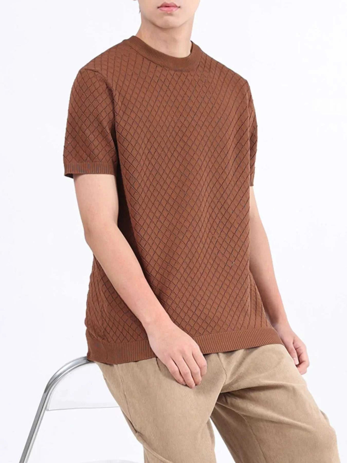 Men's Plus Size Diamond Pattern Knitted Short Sleeve T-Shirt 100400934320162 51 Affordable Fashion Under $100 Jerry's Apparel 