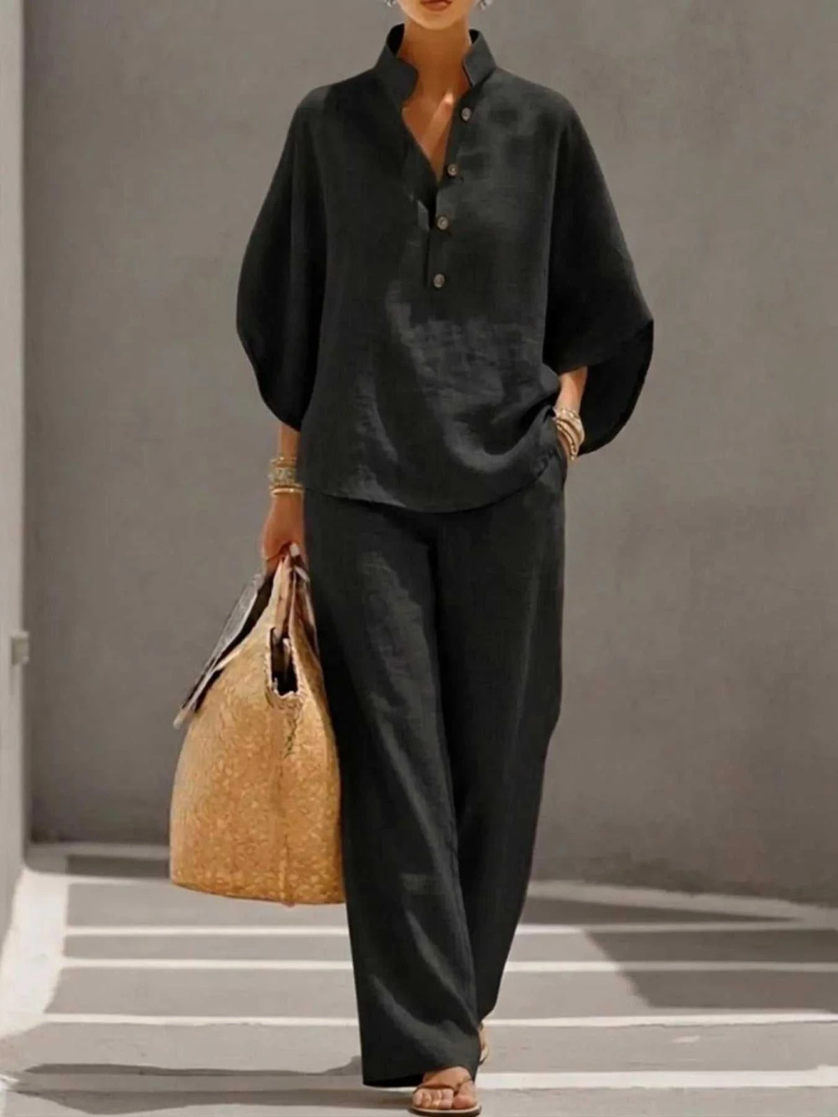 Full Size Button Detail 3/4 Sleeve Top and Pants Set Plus Size 100100971356241 54 Affordable Fashion Under $100 Jerry's Apparel 