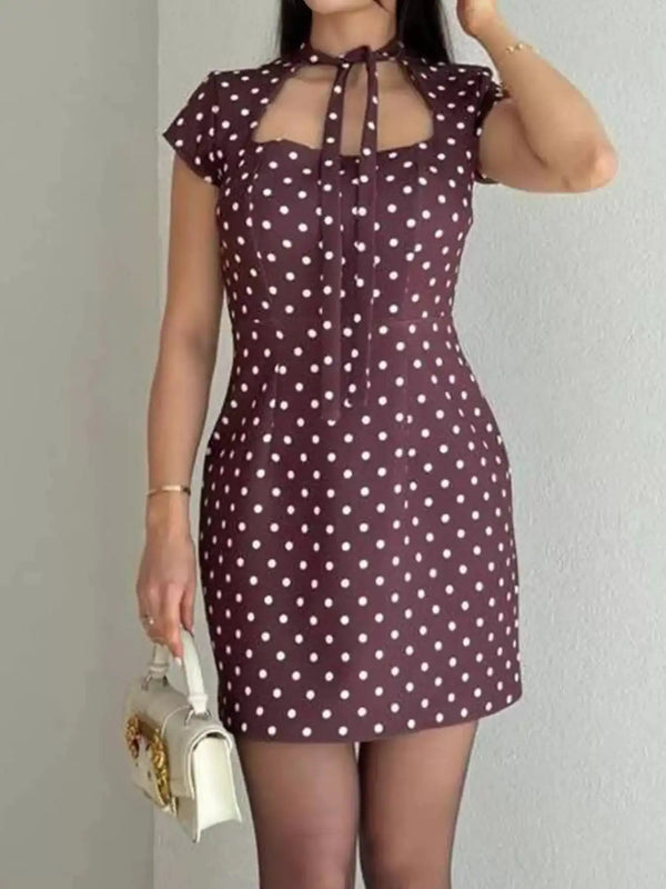 Full Size Polka Dot Tie-Neck Bodycon Mini Dress Plus Size 101001424400564 34 Gifts for Her Jerry's Apparel 