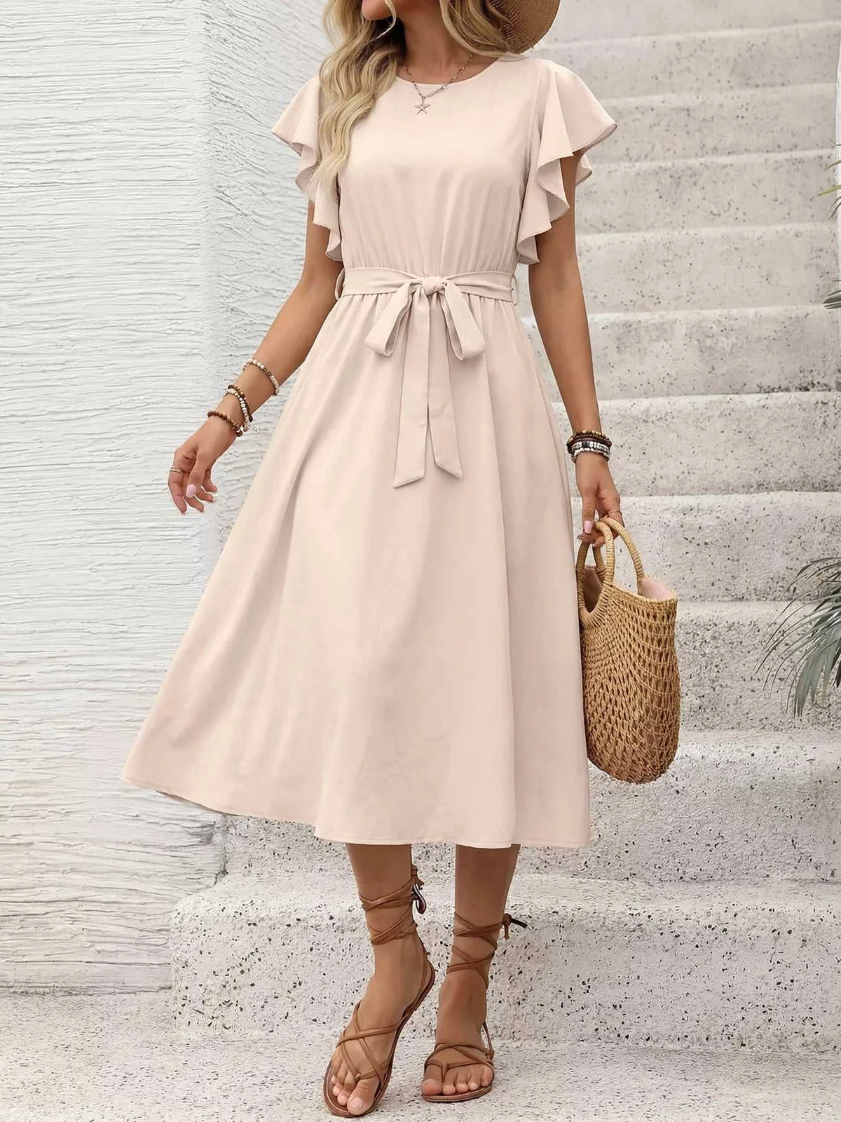 Ruffle Sleeve Tie Waist Midi Dress 100100782574202 39 Women's Midi Dress Affordable Boutique Dresses Under $50 Jerry's Apparel 