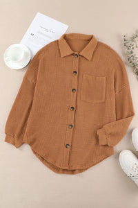 Waffle-Knit Button Up Long Sleeve Shirt with Pocket