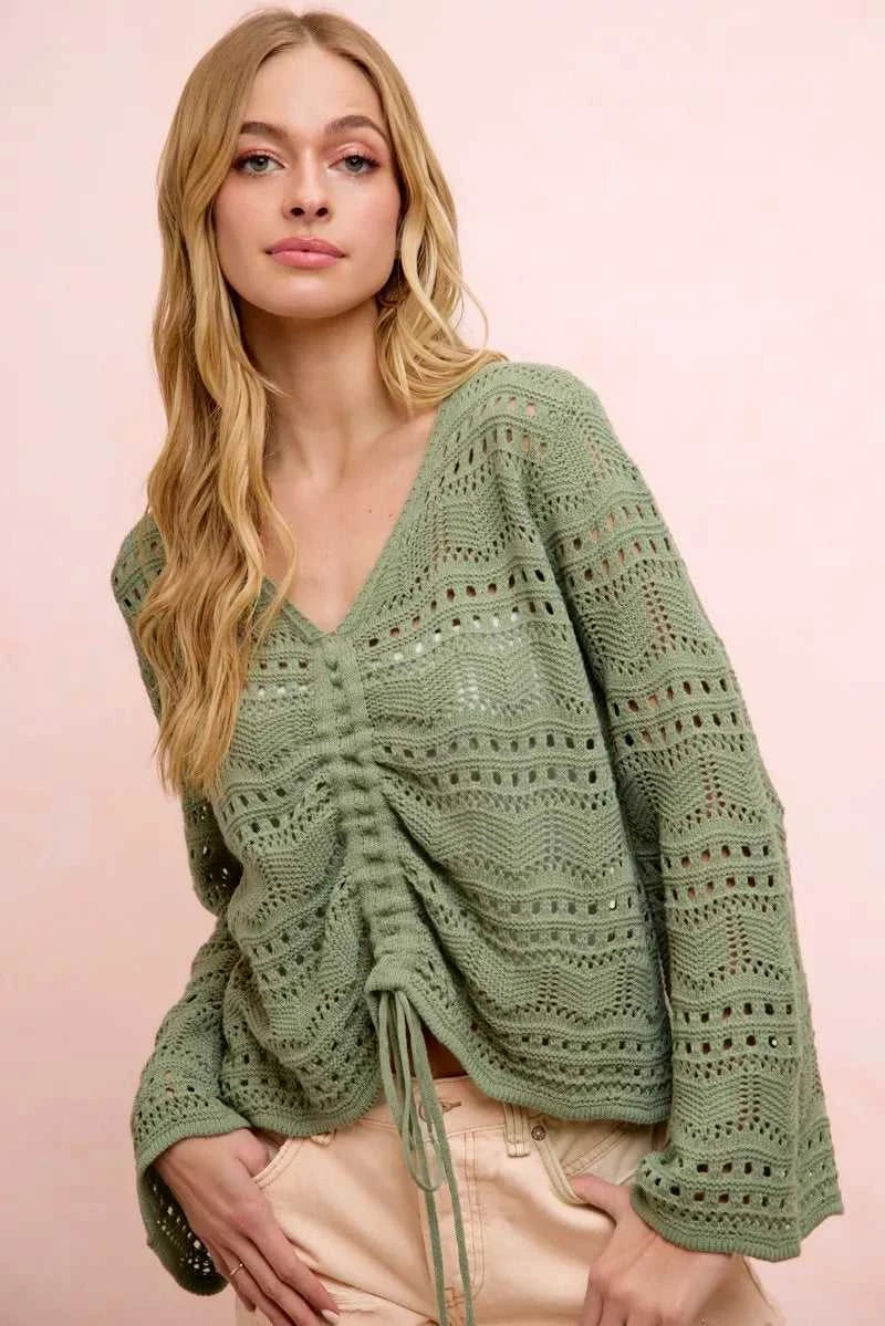 BiBi Pointelle Knit V Neck Ruched Front Lightweight Top 100100962711230 42 Affordable Fashion Under $100 Jerry's Apparel 