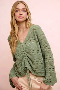 BiBi Pointelle Knit V Neck Ruched Front Lightweight Top 100100962711230 42 Affordable Fashion Under $100 Jerry's Apparel 