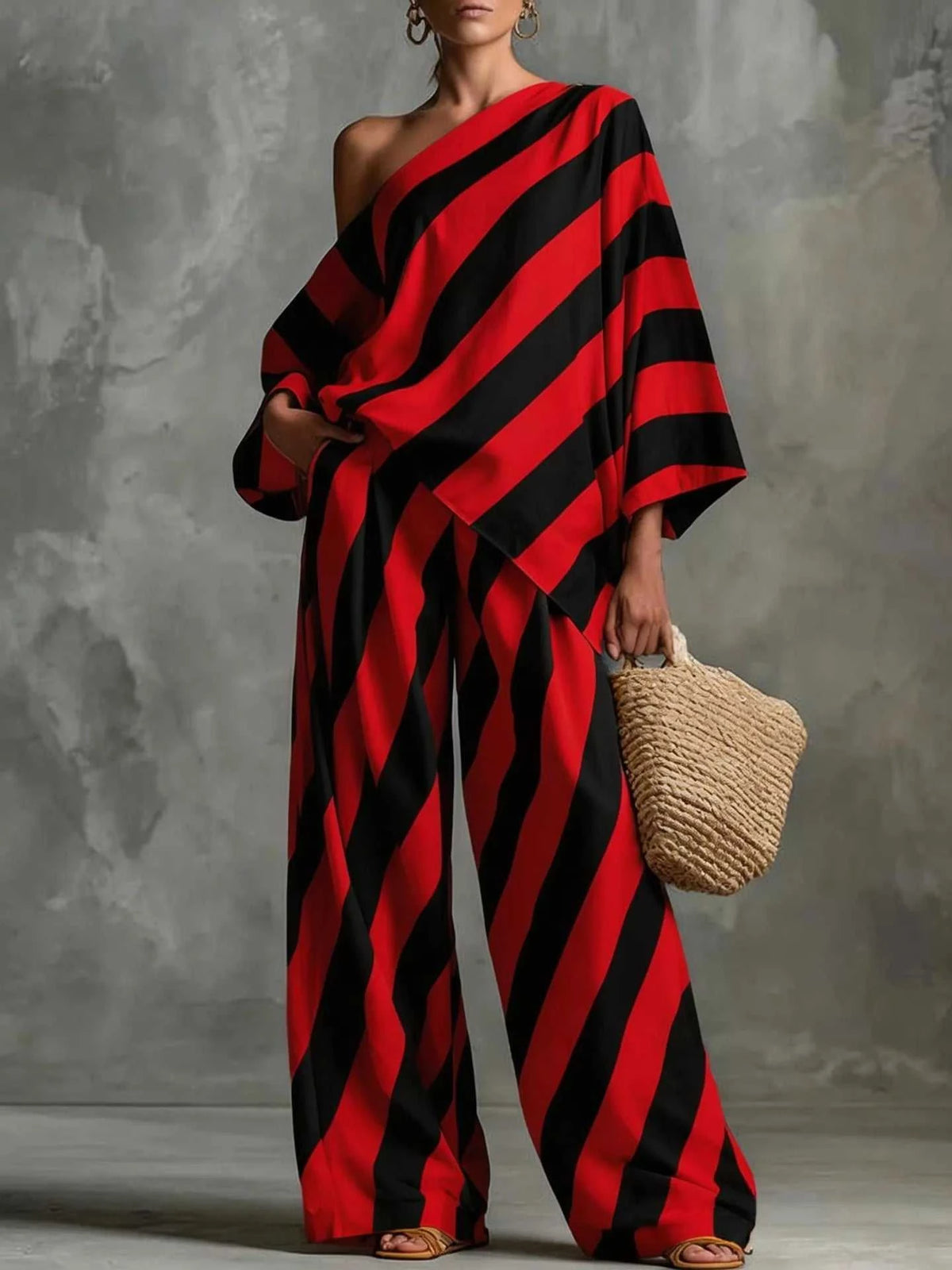 Full Size One-Shoulder Striped Top and Wide-Leg Pants Set Plus Size 100100587283863 37 Affordable Fashion Under $100 Jerry's Apparel 
