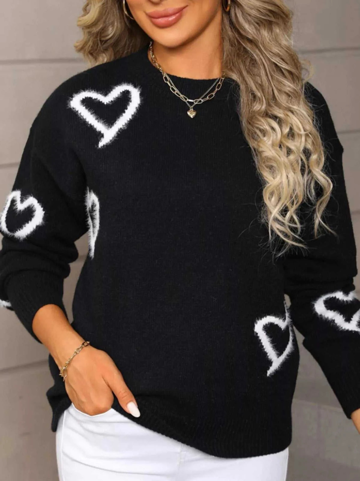 Valentine's Day Heart Print Crew Neck Sweater 100100466321617 50 Gifts for Her Jerry's Apparel 