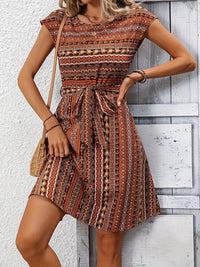Printed Round Neck Cap Sleeve Dress