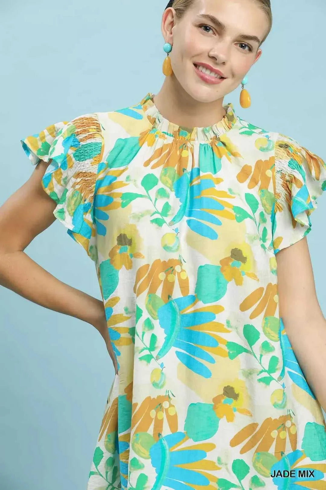 Umgee Ruffled Botanical Print Mini Dress 100100325941919 62 Gifts for Her Jerry's Apparel 