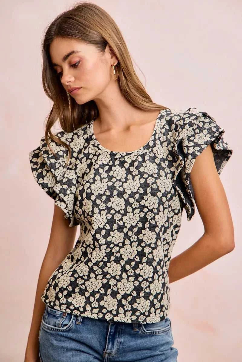 BiBi Floral Jacquard Ruffle Sleeves Knit Top 100100264791752 46 Affordable Fashion Under $100 Jerry's Apparel 
