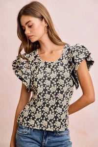 BiBi Floral Jacquard Ruffle Sleeves Knit Top 100100264791752 46 Affordable Fashion Under $100 Jerry's Apparel 
