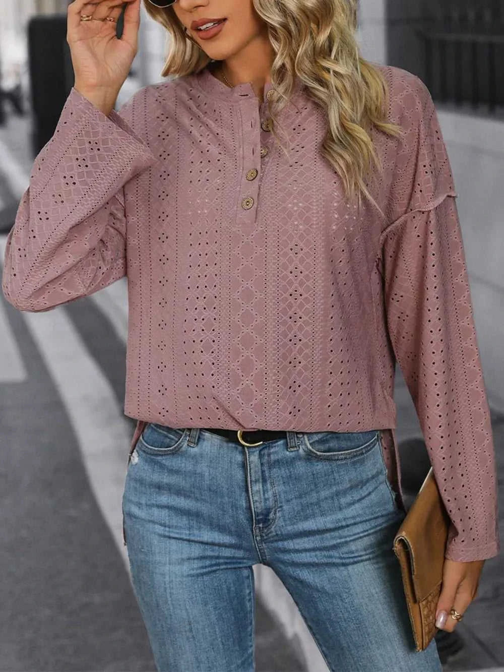 Perfee Eyelet Round Neck Long Sleeve Top 100100546611100 37 Affordable Fashion Under $100 Jerry's Apparel 