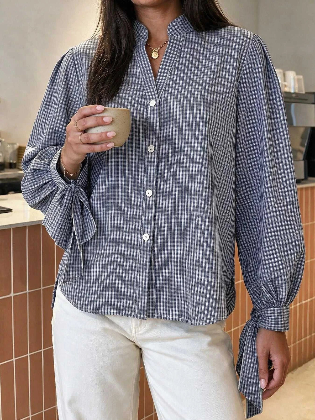 Gingham Button Up Shirt with Tie-Sleeve Detail 101001756453060 45 Affordable Fashion Under $100 Jerry's Apparel 