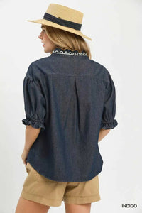 Umgee Chambray Scalloped Trim Button Front Blouse 100100735061175 57 Affordable Fashion Under $100 Jerry's Apparel 
