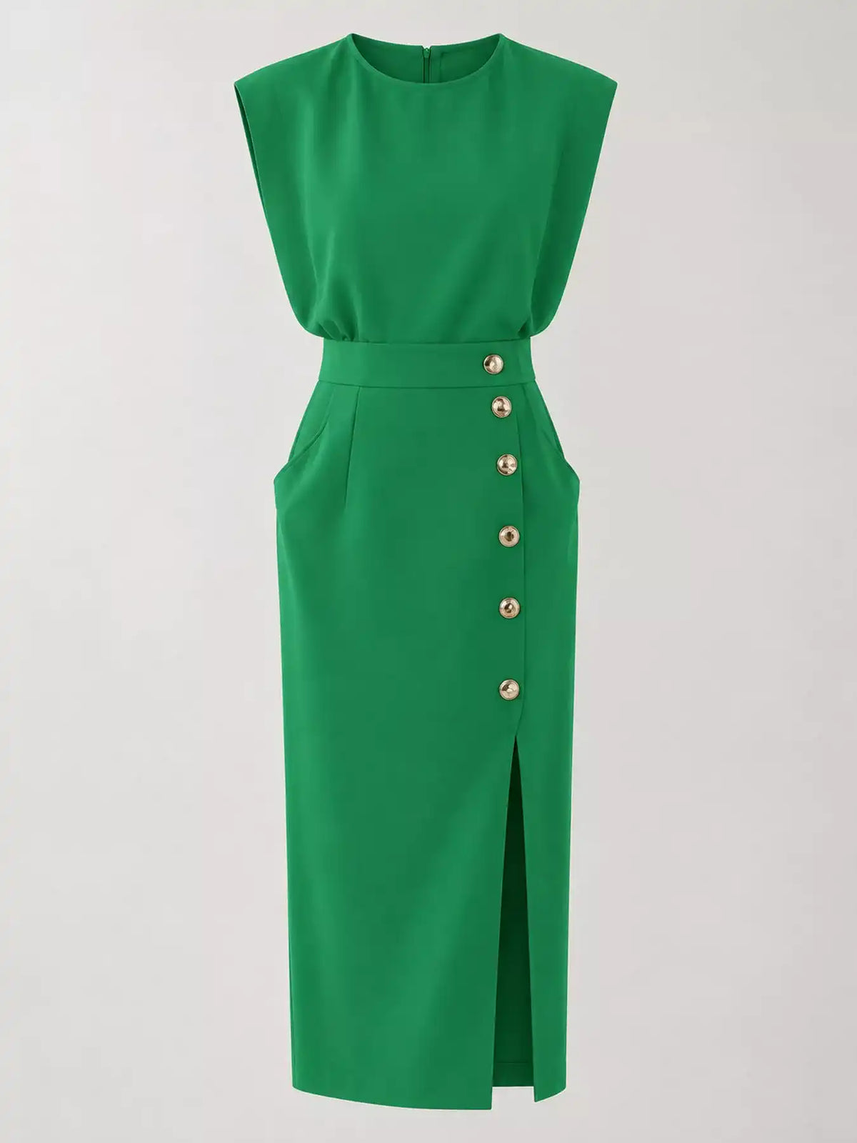 Sleeveless Midi Dress with Gold Button Detail and Side Slit 101001590890082 42 Affordable Fashion Under $100 Jerry's Apparel 