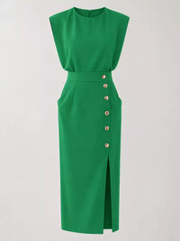 Sleeveless Midi Dress with Gold Button Detail and Side Slit 101001590890082 42 Affordable Fashion Under $100 Jerry's Apparel 