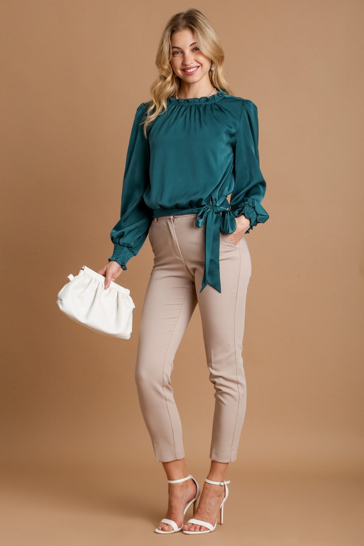 Umgee Frill Tied Hem Long Sleeve Blouse