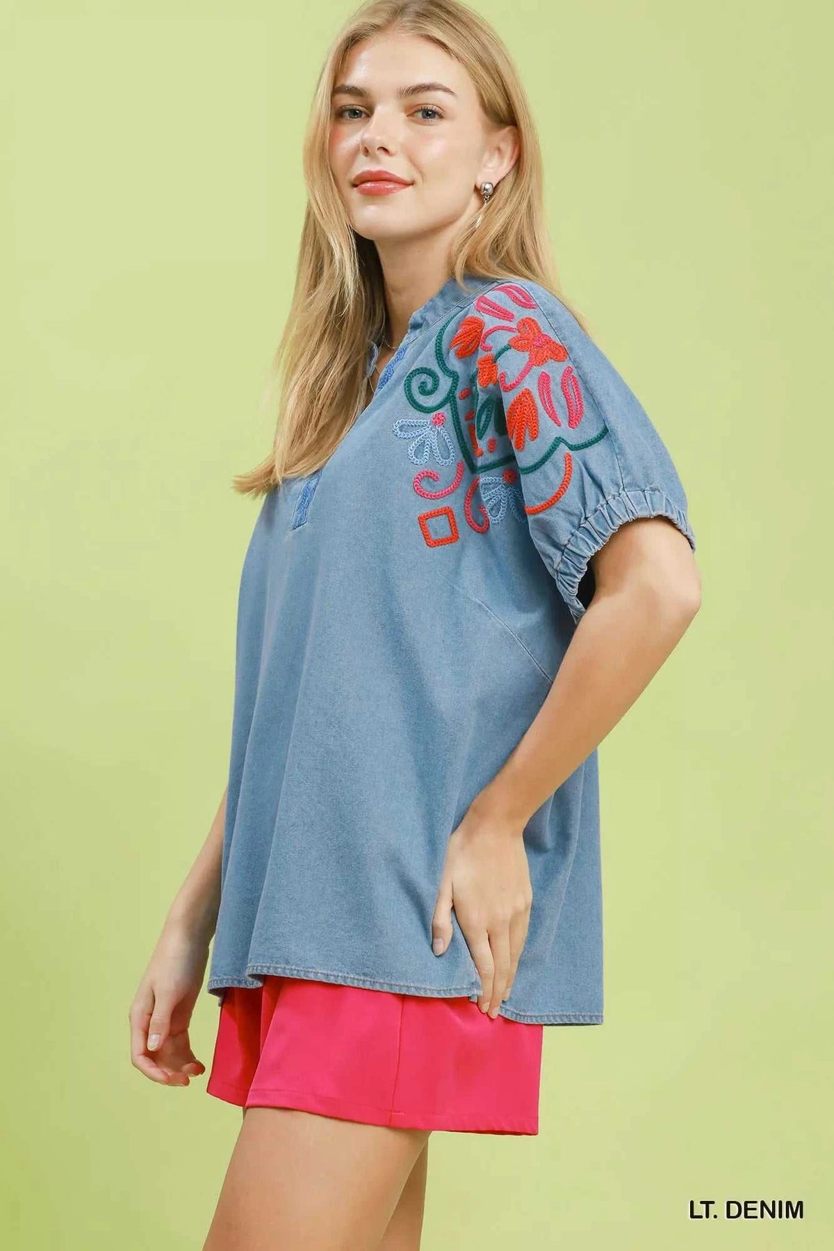 Umgee Embroidered Denim Puff Sleeve Top 100100810541249 60 Affordable Fashion Under $100 Jerry's Apparel 