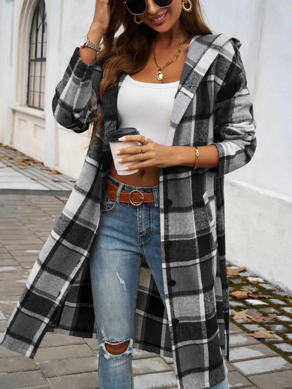 Devine Plaid Long Sleeve Hooded Coat 100100235621127 45 Affordable Fashion Under $100 Jerry's Apparel 