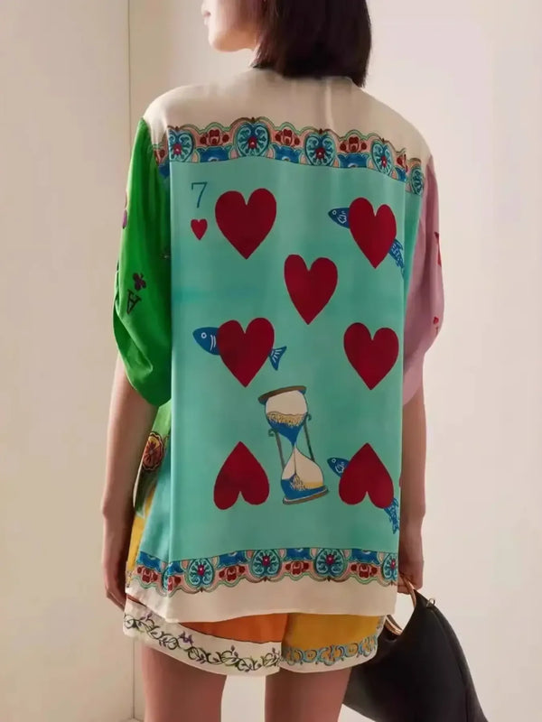 Printed Button Up Shirt and Shorts Set