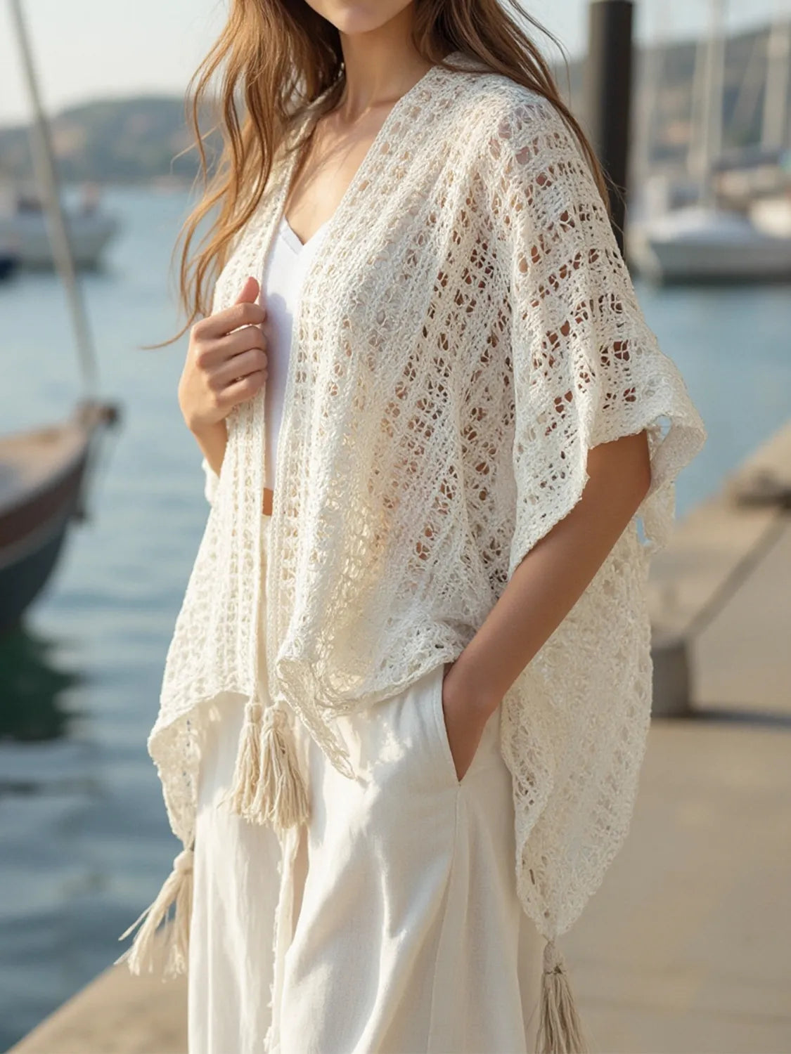 Openwork Tassel Open Front Knit Cover Up