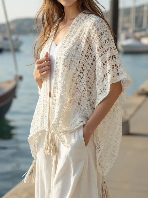 Openwork Tassel Open Front Knit Cover Up