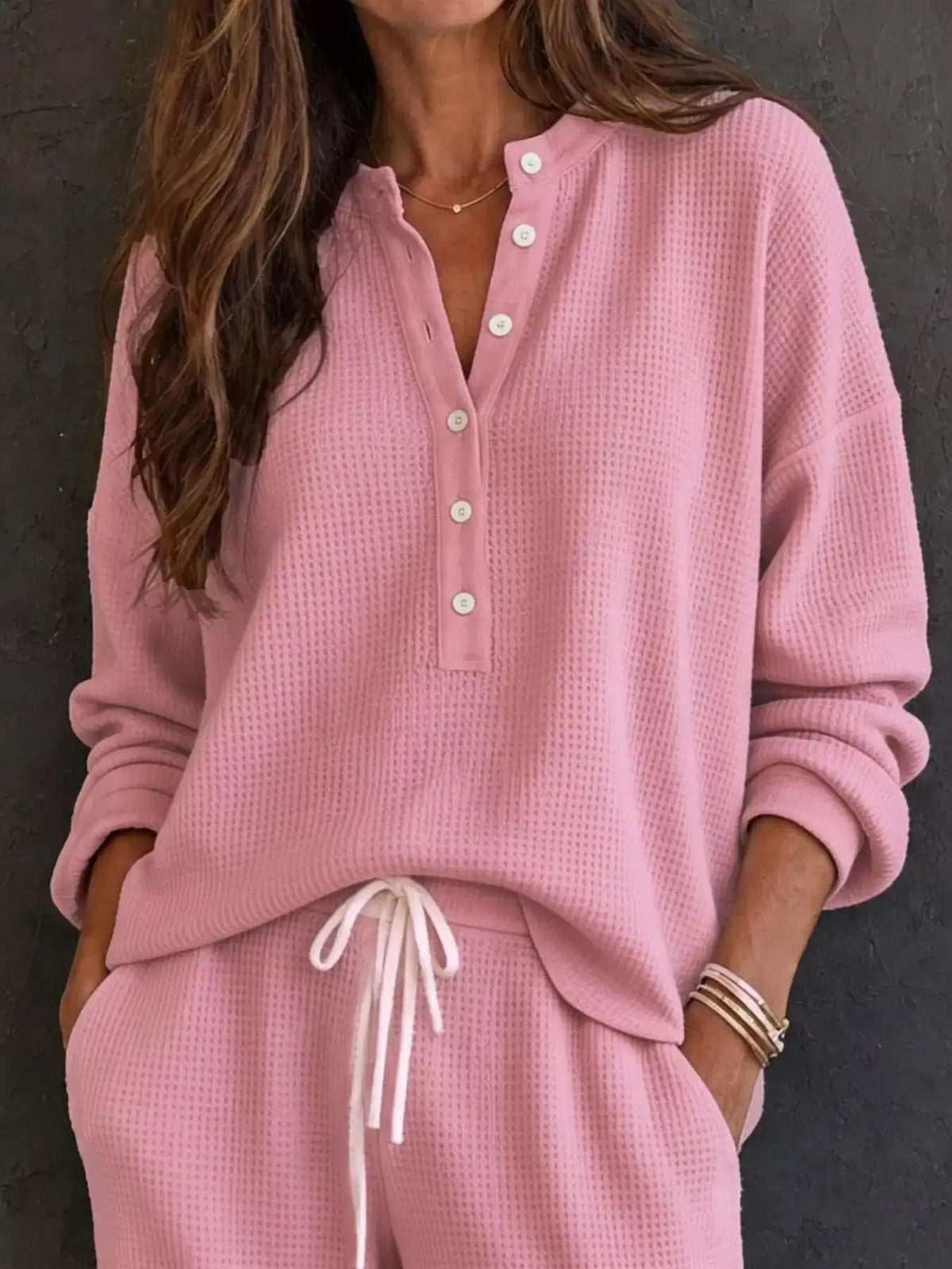 Waffle Knit Button Detail Top and Pants Set 101001629020741 57 Gifts for Her Jerry's Apparel 