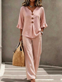 Full Size Decor Button Ruffled Top and Wide-Leg Pants Set Plus Size 100100119714864 38 Affordable Fashion Under $100 Jerry's Apparel 